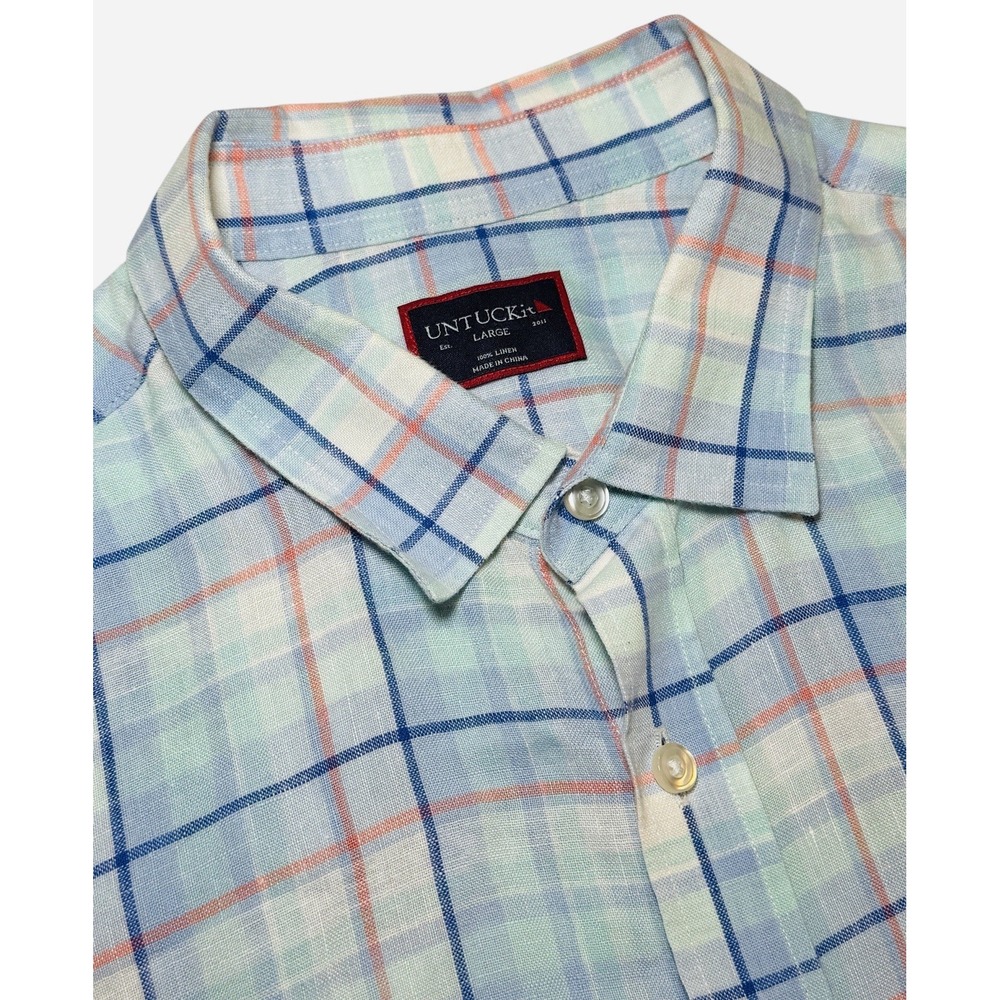 Untuckit Lewis Shirt Men's L Blue Plaid 100% Linen Button Up Short Sleeve